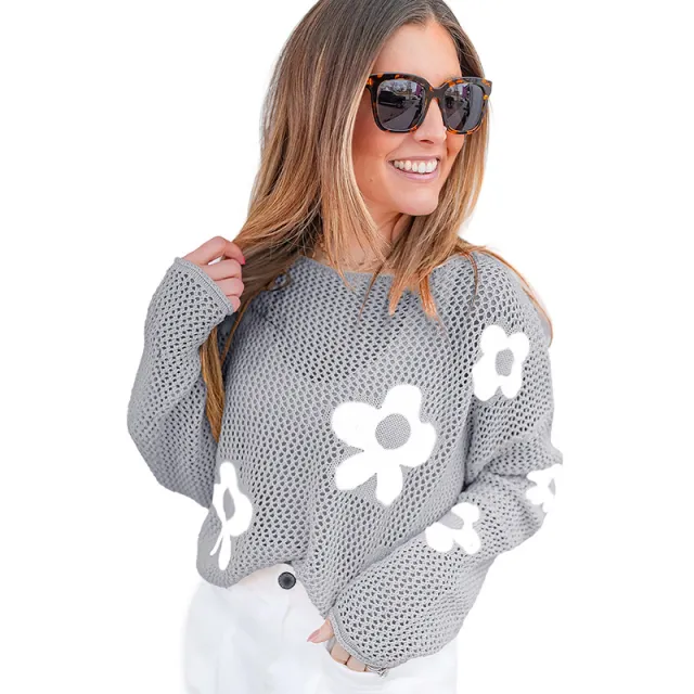 European And American Thin Casual Hollow Knitted Long sleeved Top P1011 S - Shop at LoveMi