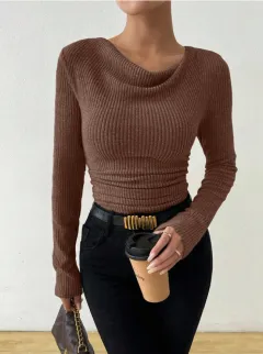 Autumn Bell Sleeve Draped Neck Slimming Knit Top - Brown - View 1