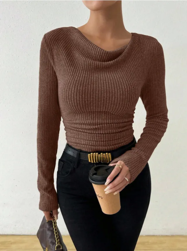 Autumn Bell Sleeve Draped Neck Slimming Knit Top Brown - Shop at LoveMi