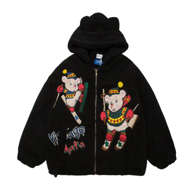 American Cute Cartoon Flocking Bear Lamb Fur Hooded Jacket Black - Shop at LoveMi
