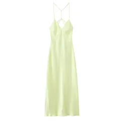 Summer Back Sling Design Silk Satin Texture Midi Skirt Dress - Green - View 1