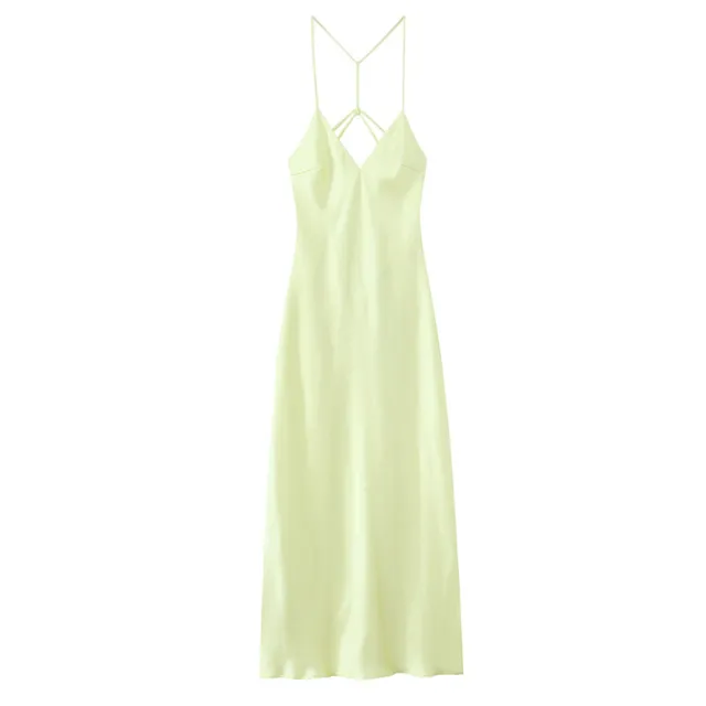 Summer Back Sling Design Silk Satin Texture Midi Skirt Dress Green - Shop at LoveMi
