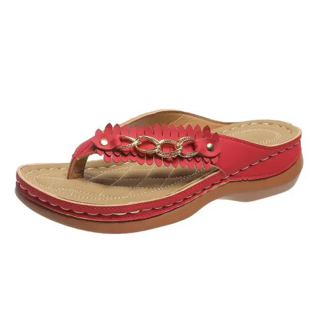 Round Head Hollow Metal Buckle Wedge Outdoor Pure Color Comfort Flip Flops Red - Shop at LoveMi