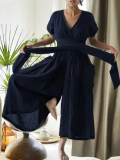 V-neck Short Sleeve Solid Color Loose Casual Jumpsuit - Navy Blue - View 1