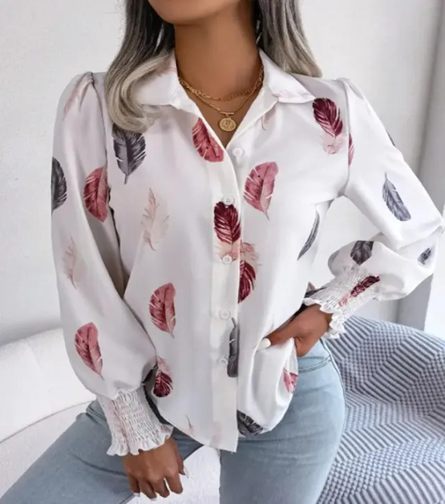 Women's Feather Printing Lapel Lantern Long Sleeve Shirt White - Shop at LoveMi