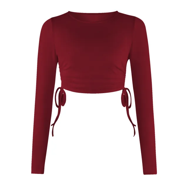 Drawstring Round Neck Long Sleeve Cropped T shirt Thread Top Gstj075 L - Shop at LoveMi