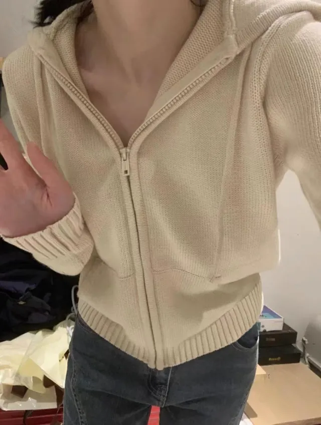 American style Short Slim fit Hood Zipper Sweater Cardigan Coat Fashion Beige - Shop at LoveMi