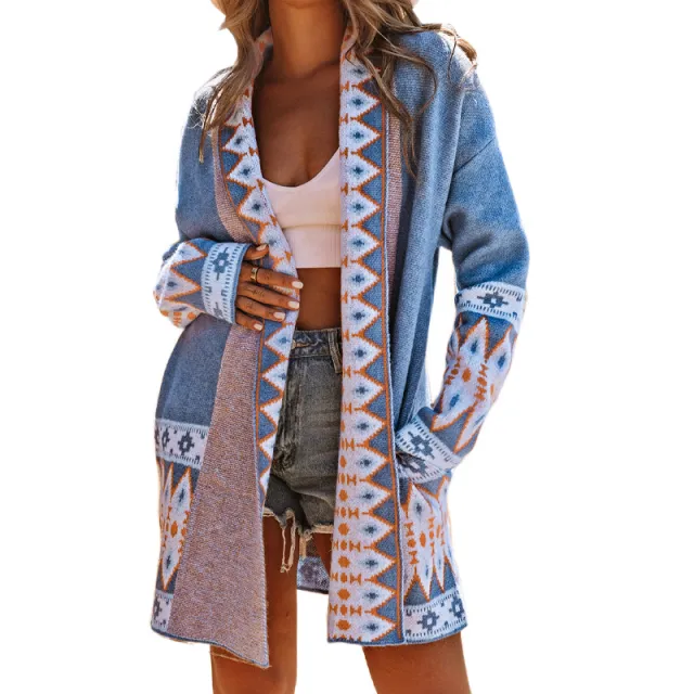 European And American National Style Mid length Cardigan For Women Blue - Shop at LoveMi
