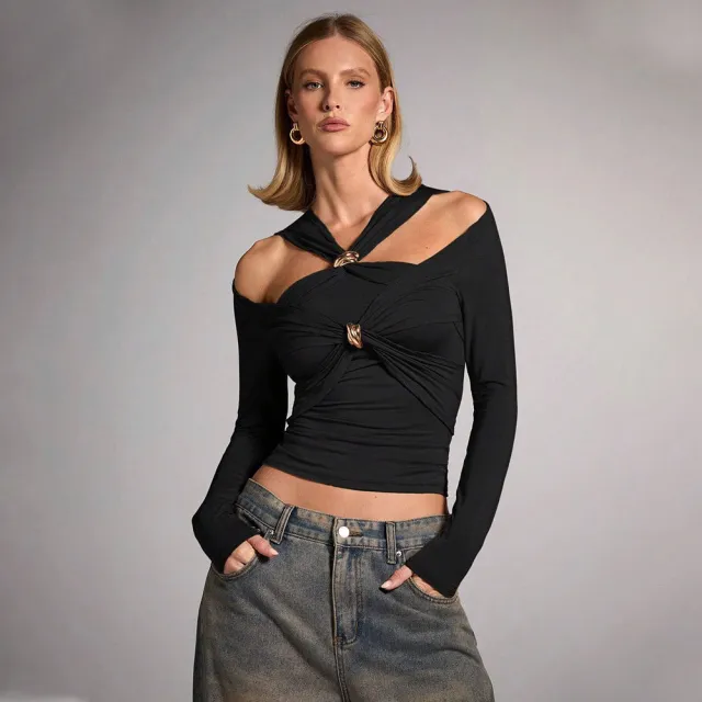 Women's Pure Color Halter Fashion Shoulder baring Slim Top Black - Shop at LoveMi