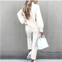 Autumn And Winter Long Sleeve Fleece Fashion Casual Sweater Suit - White - View 1