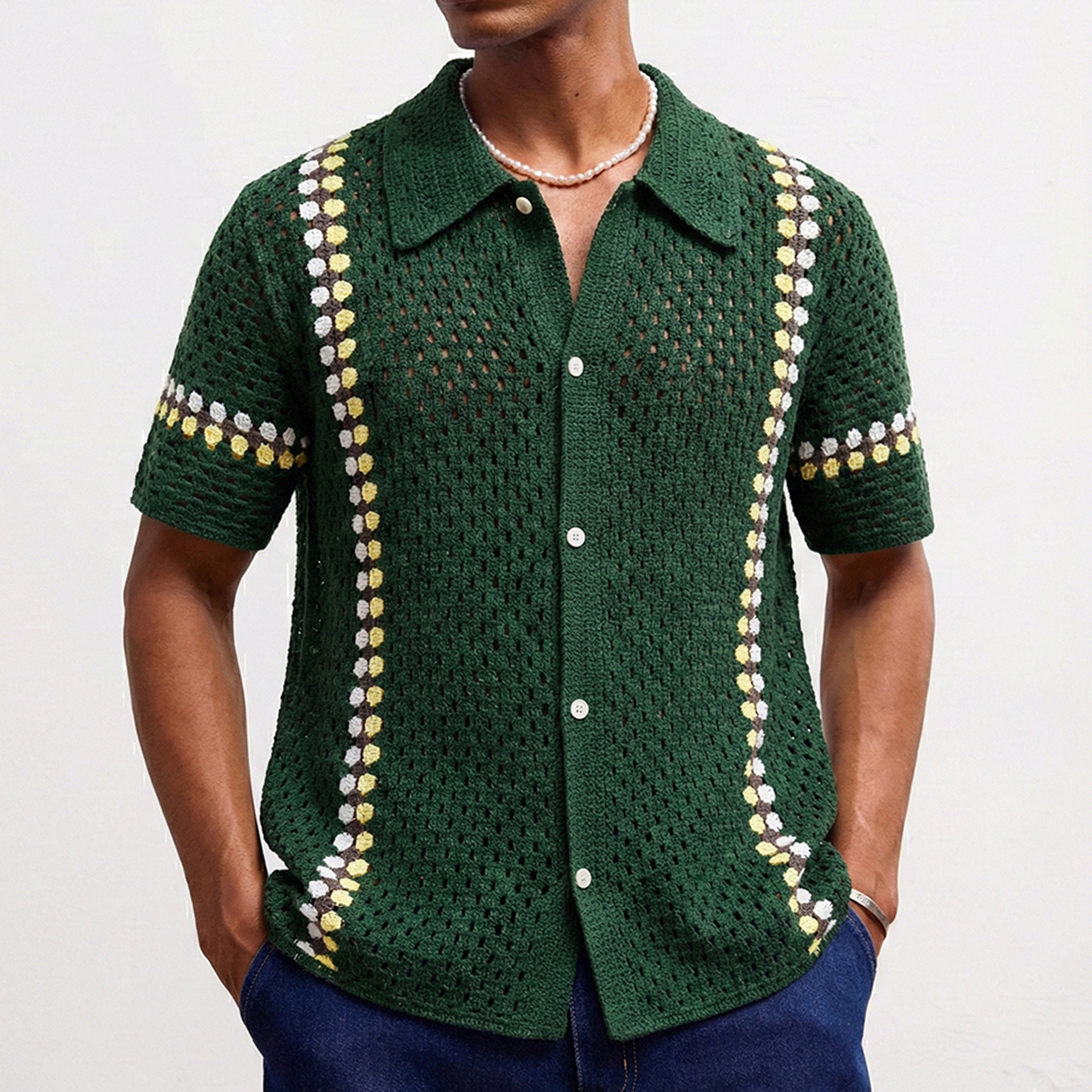 Men's Water-Soluble Crochet Cardigan Polo Shirt