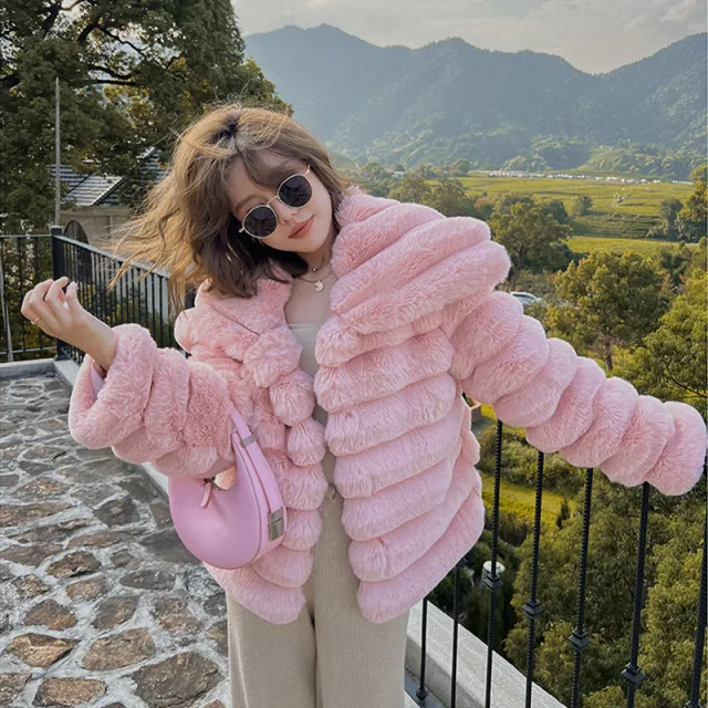 Elegant Furry Mink Fashion Short Thickened Fall Winter Coat Pink Cotton - Shop at LoveMi
