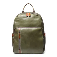 Leather Backpack Cowhide Travel Contrast Colour College Soft Leather Schoolbag - Green - View 1