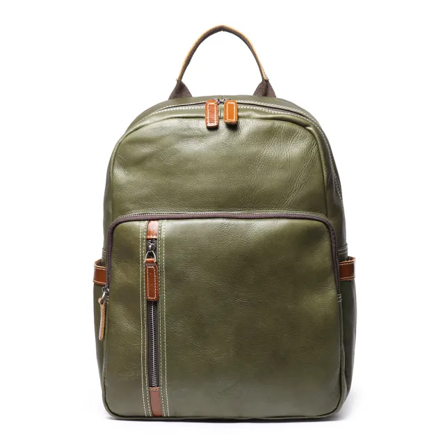 Leather Backpack Cowhide Travel Contrast Color College Soft Leather Schoolbag Green - Shop at LoveMi