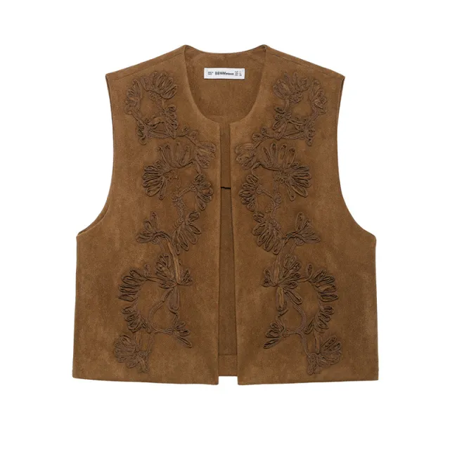European And American Style Women's Fashion Casual Embroidery Suede Vest Jacket Brown - Shop at LoveMi