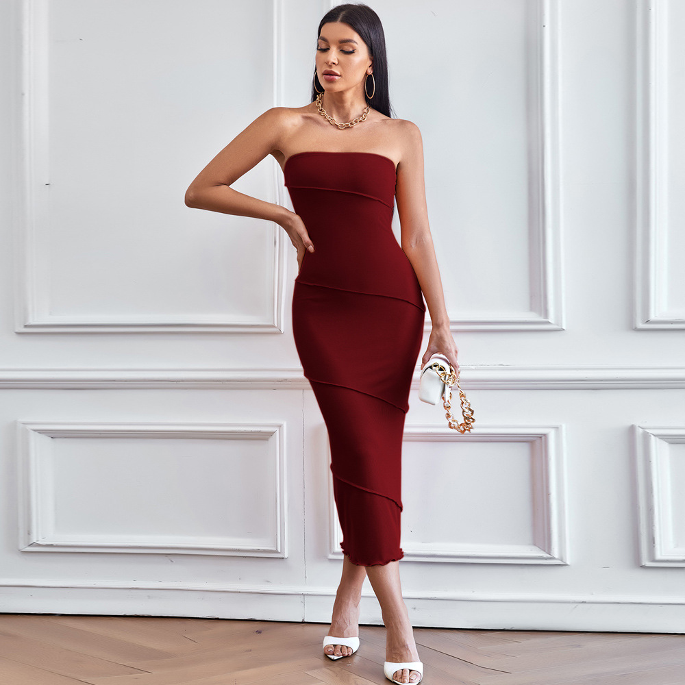 Sexy Strapless Solid Color Bodycon Beach Dress Wine Red - Shop at LoveMi