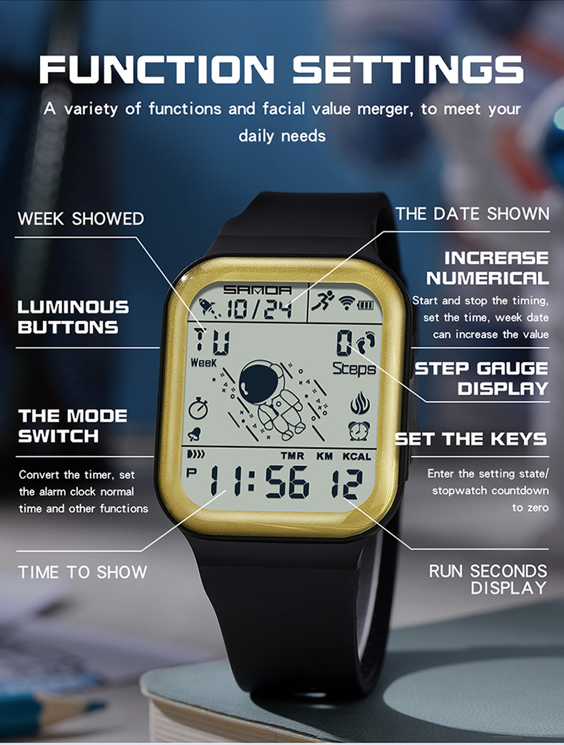 Sanda Digital Waterproof Step Calorie counter Sports watch for Men