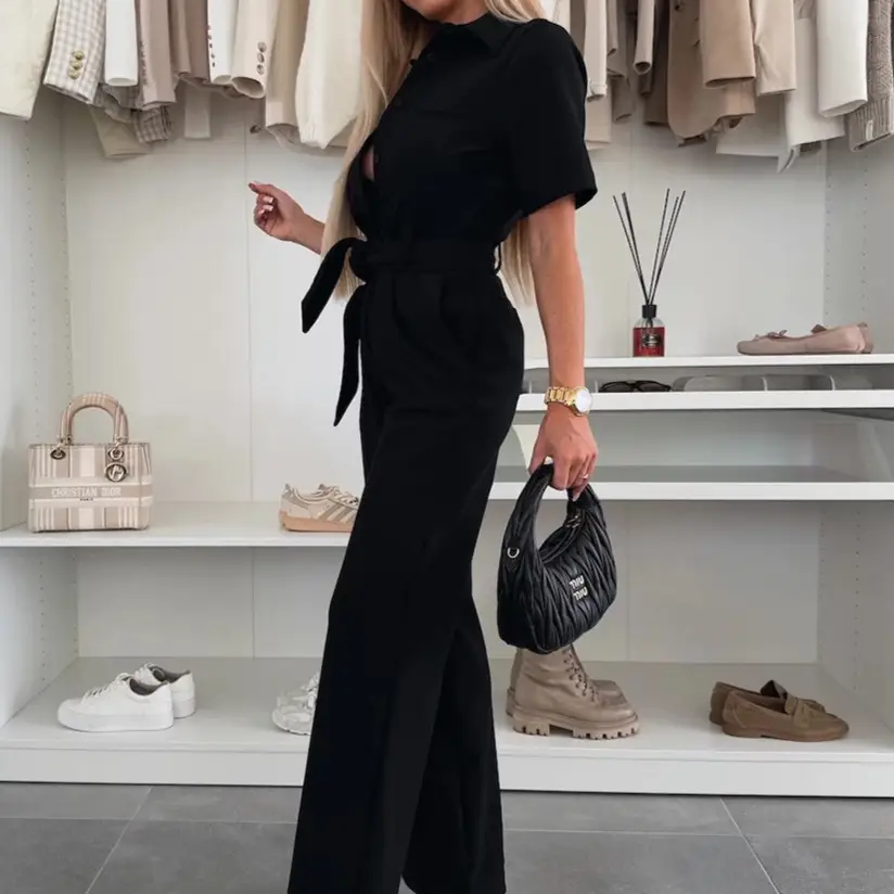 Womens Shirt-collar Short-sleeved Tie-detail Jumpsuit