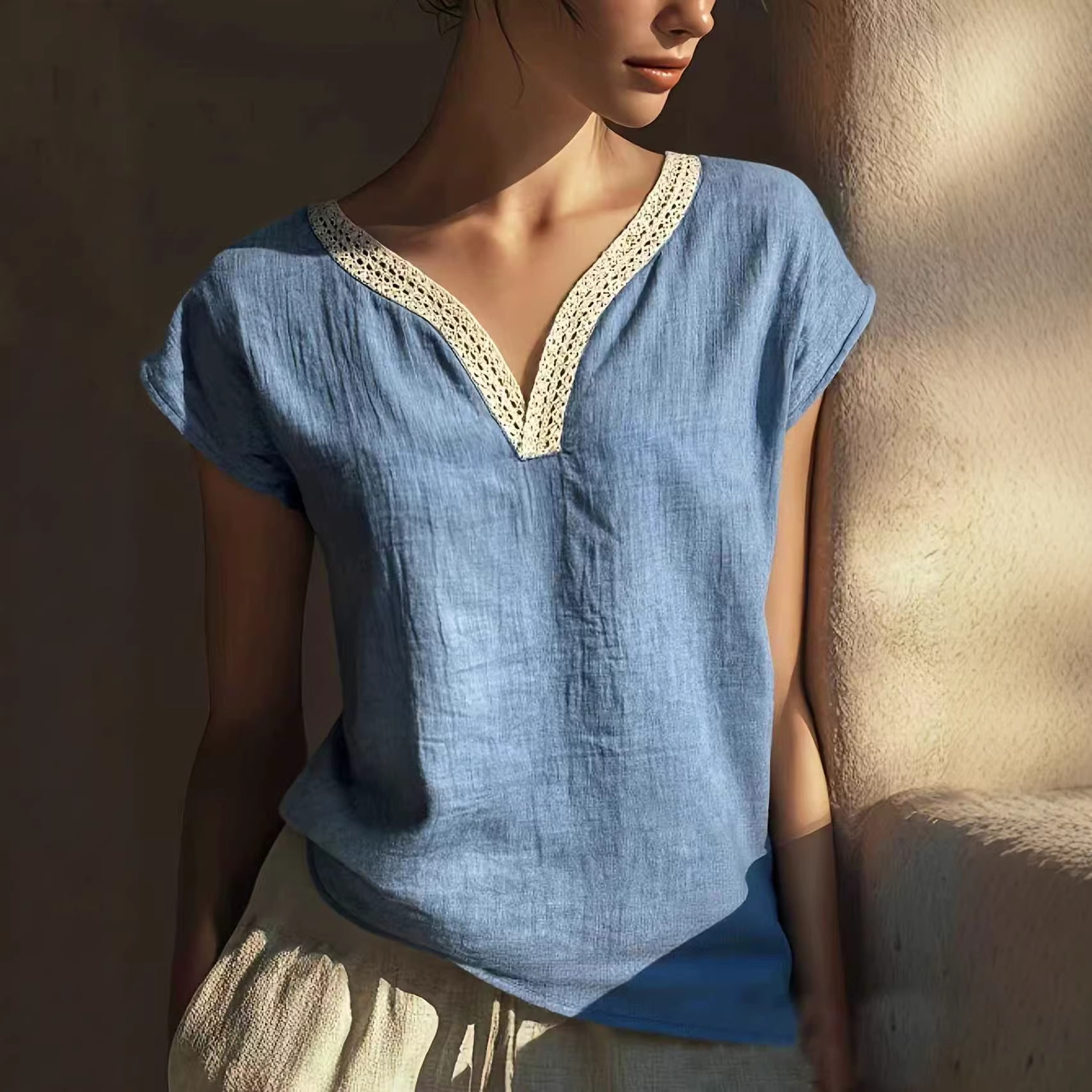 Bohemian Vintage Lace V-Neck Cotton-Linen Blouse