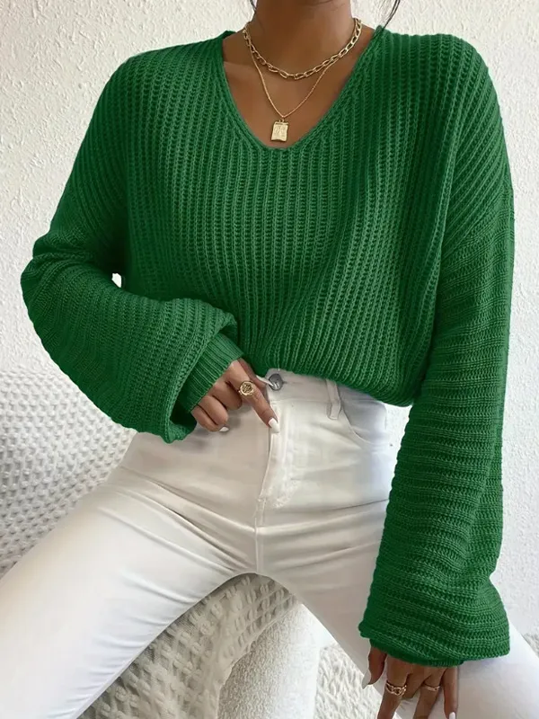 Solid Color Long Sleeve Pullover Loose Casual Women Green - Shop at LoveMi