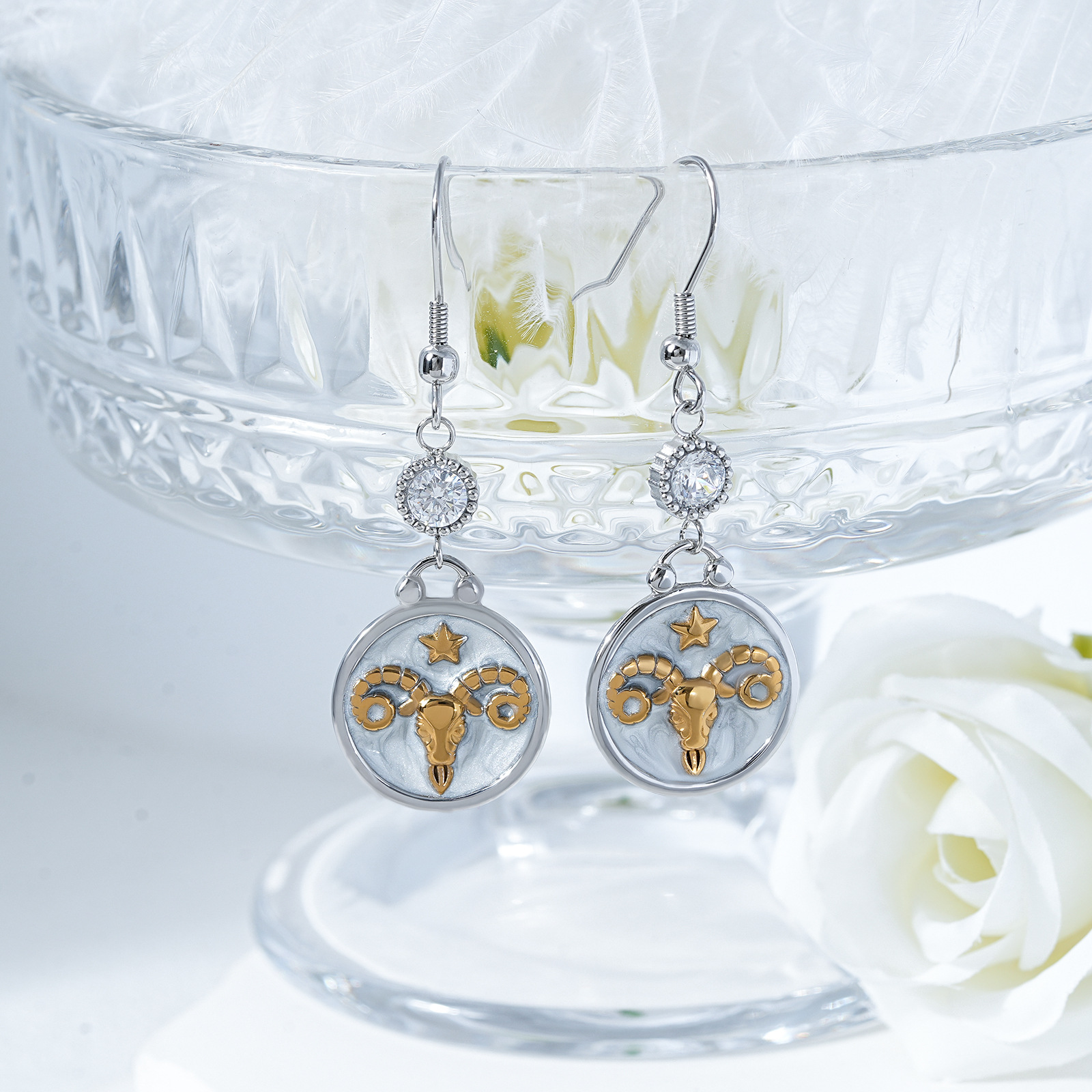 Aries Zodiac Sign Inlaid With White Cubic Zirconia Stud Earrings
