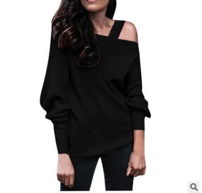 Long Sleeve Solid Color Rib Fabric Shoulder baring Sweater Sweater Black - Shop at LoveMi