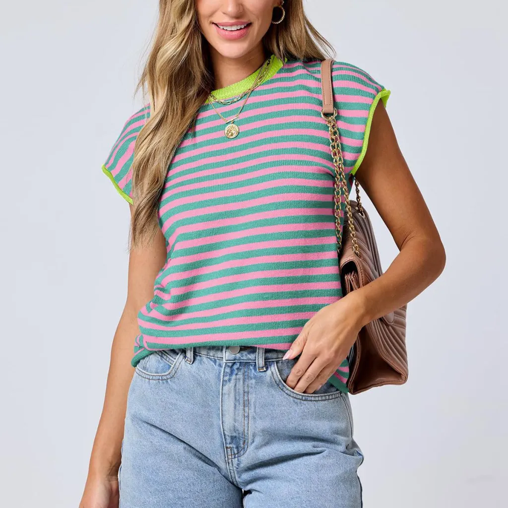Women's Round Neck Knitted Top Casual Striped Contrast Color Sweater - Rose Red Gray Green