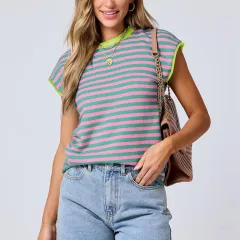 Women's Round Neck Knitted Top Casual Striped Contrast Color Sweater - Rose Red Gray Green - View 1