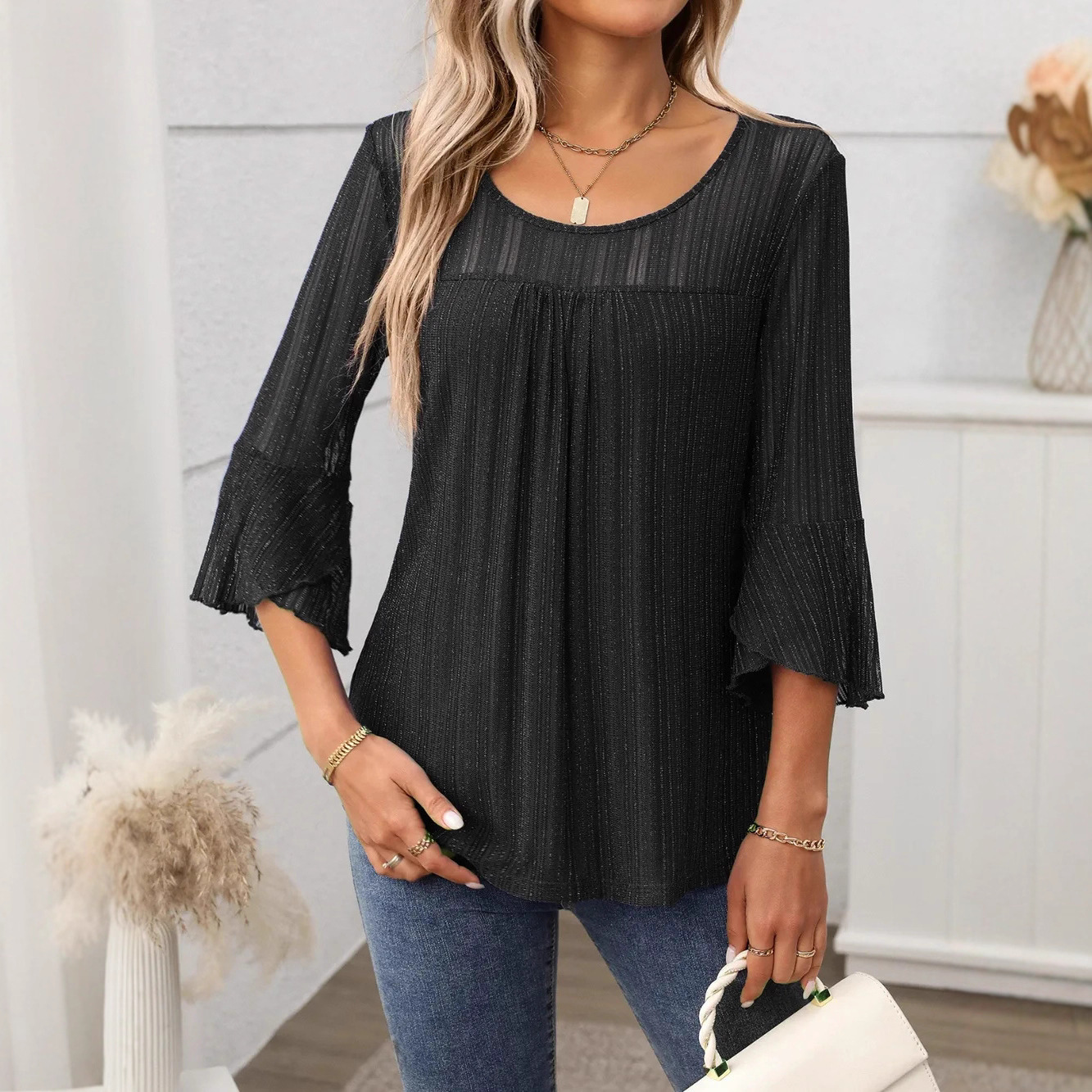 Cross-Border Black Elegant Loose Top With See-Through Long Sleeves And A Round Neck