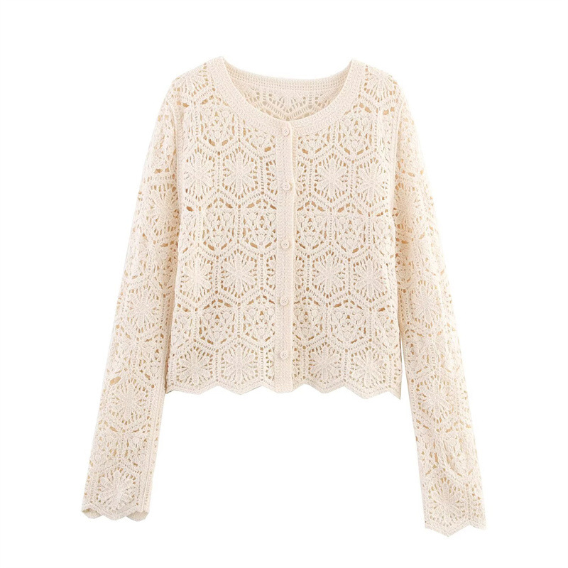 European And American Style French Style New Round Neck Long Sleeve Hollow Wave Hem Knitted Cardigan