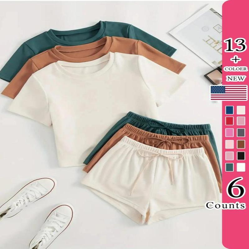 Casual Versatile Solid Color Short Sleeve Round Neck Shorts Casual Suit