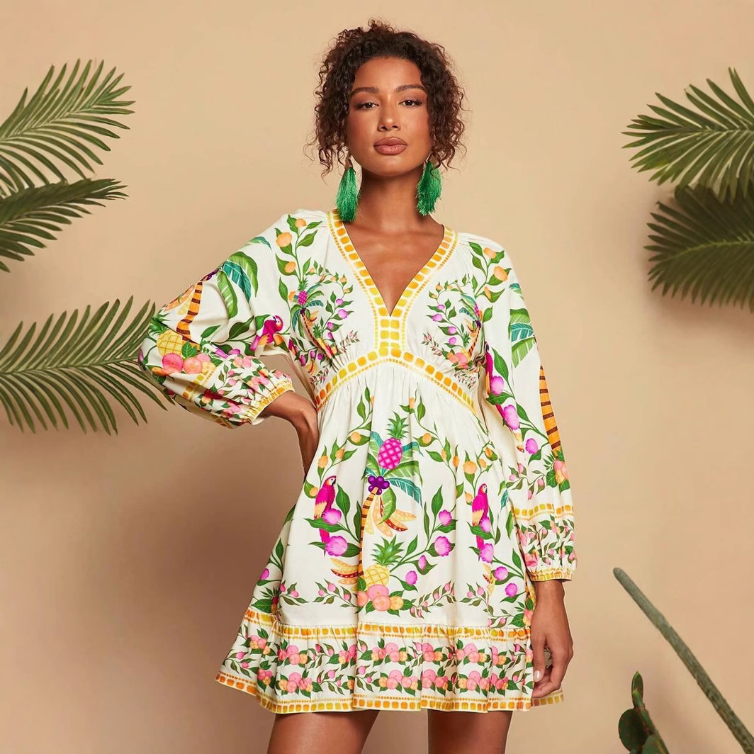 V neck Printed 34 Sleeves Mini Dress Green - Shop at LoveMi