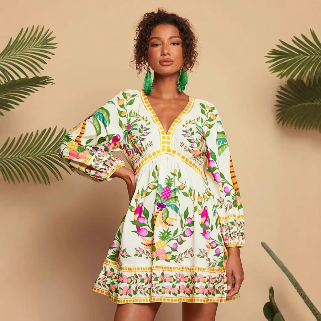V-neck Printed 34 Sleeves Mini Dress - Green