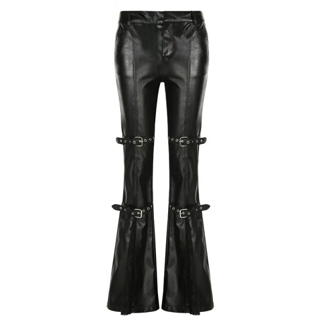 Lace Stitching Leather Bell bottom Pants Black - Shop at LoveMi