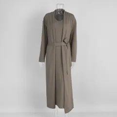 Knitted Long Sleeve Cardigan Suspender Dress Suit - Dark Coffee Colour - View 1