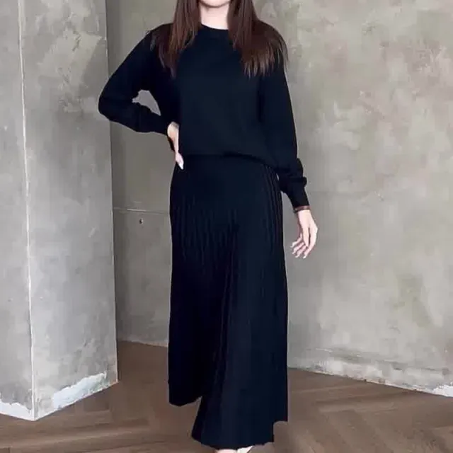 Women's Long Sleeve Pleated Skirt Fashion Suit Black - Shop at LoveMi