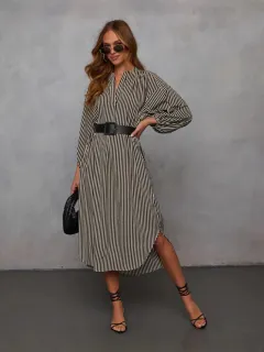 Women's Fashion Striped Elegant Long Sleeve Dress - Black - View 1