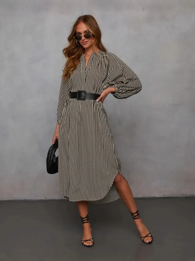 Women's Fashion Striped Elegant Long Sleeve Dress Black - Shop at LoveMi