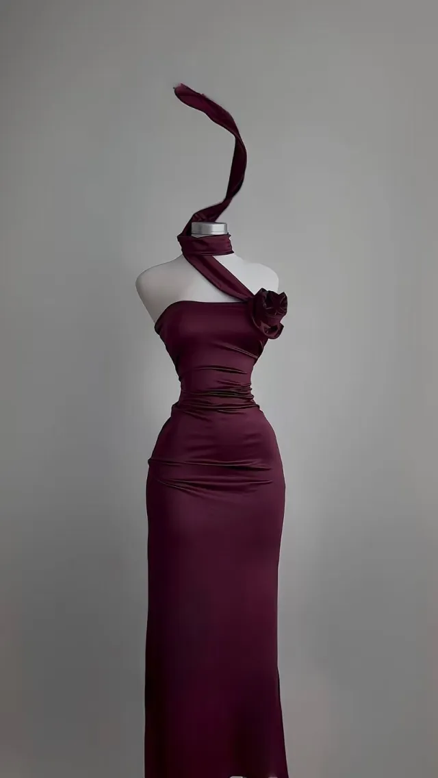 Summer New Temperament Light Mature Backless Ribbon Halter Maxi Dress Dark Red - Shop at LoveMi
