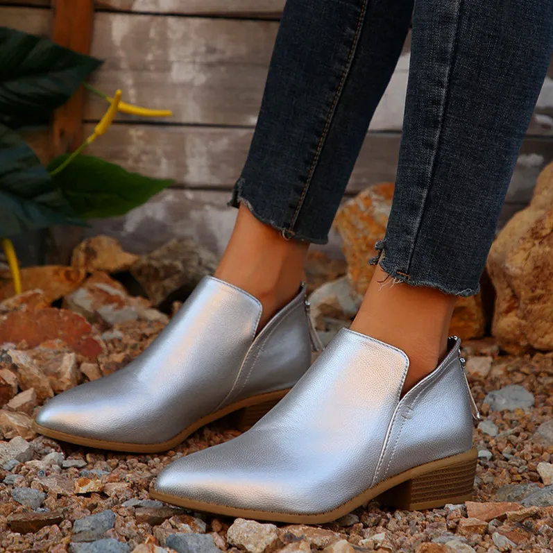 Pointed Toe Chunky Heel Booties Women's Back Zipper - Silver