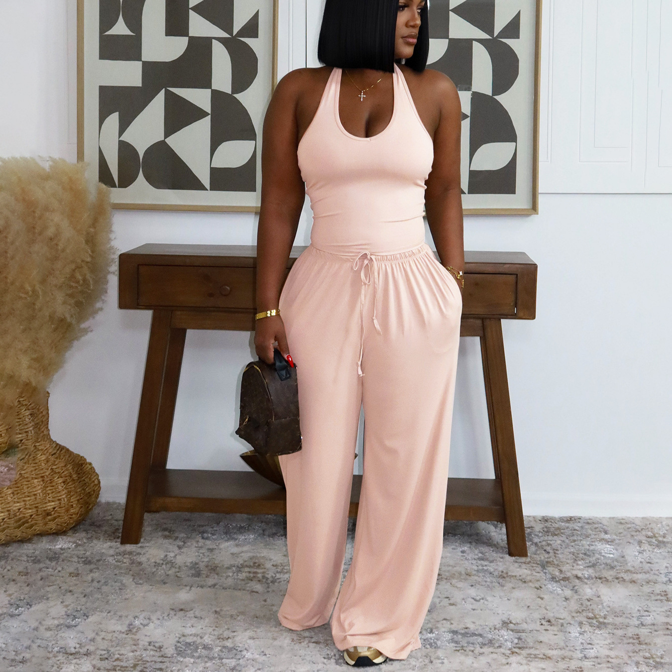 European And American Style Summer Solid Color Casual Halter Top And High-Waist... 3