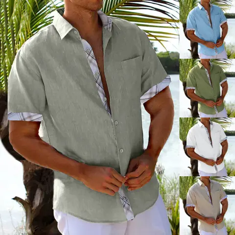 Vacation Short Sleeve Shirts with Plaid Side Summer Hawaii