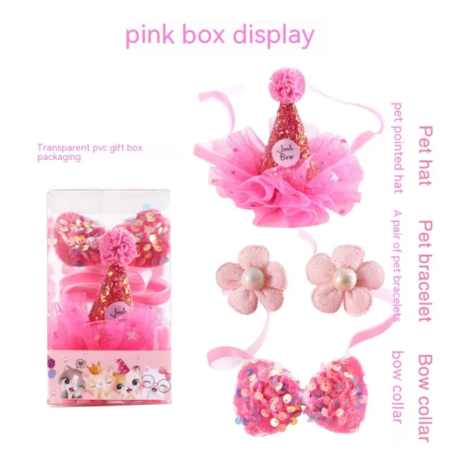Cat Birthday Hat Bow Tie Flower Party Suit Pink Three Piece Boxed - Shop at LoveMi