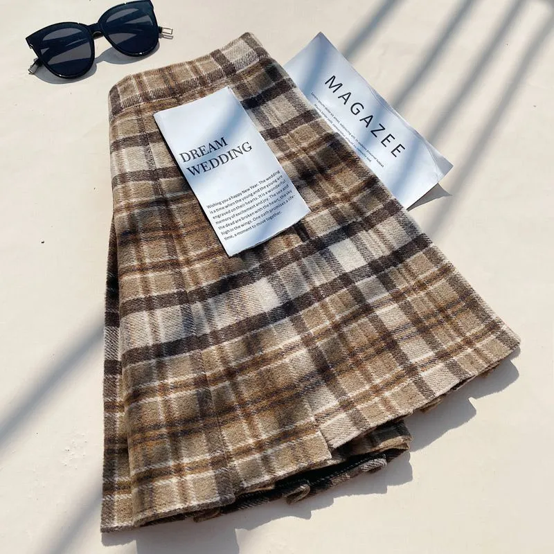 Plaid Pleated Skirt For Women, Autumn And Winter A-line - Khaki