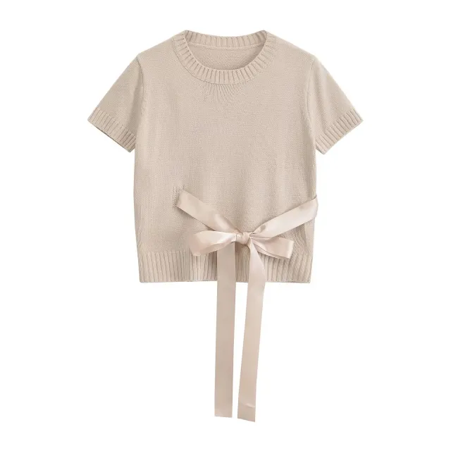 Women's Fashion Round Neck Bowknot Short Sleeve Thin Sweater Dirty Pink - Shop at LoveMi
