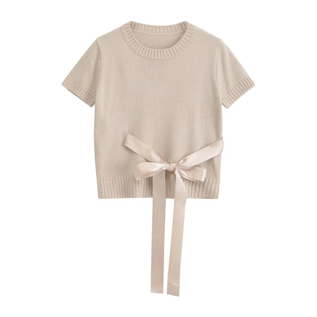 Women's Fashion Round Neck Bowknot Short Sleeve Thin Sweater - Dirty Pink