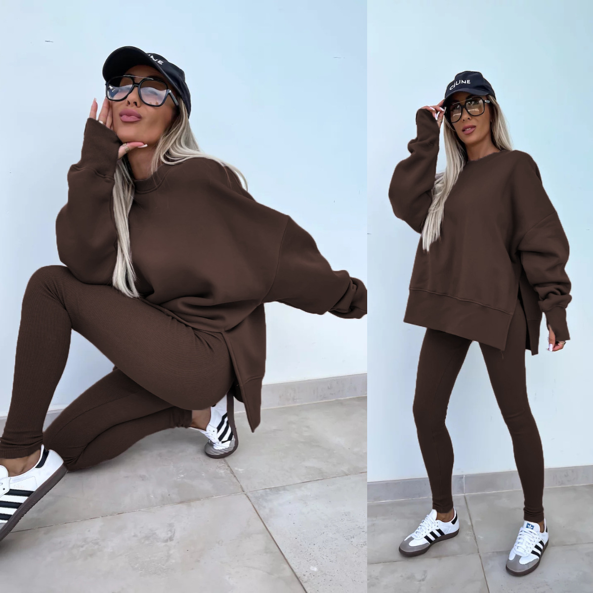 Casual Loose Sweater Suit with Tight Trousers. Product information: Color: apricot, red, khaki, pink, blue, purple, orange, green, black Sleeve type: regular sleeve Pants length: trousers Main fabric composition: Polyester (polyester fiber) Size: S,M,L,XL