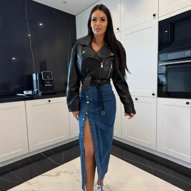 Women's Solid Color Button Irregular Slit Denim Skirt Dark Blue - Shop at LoveMi