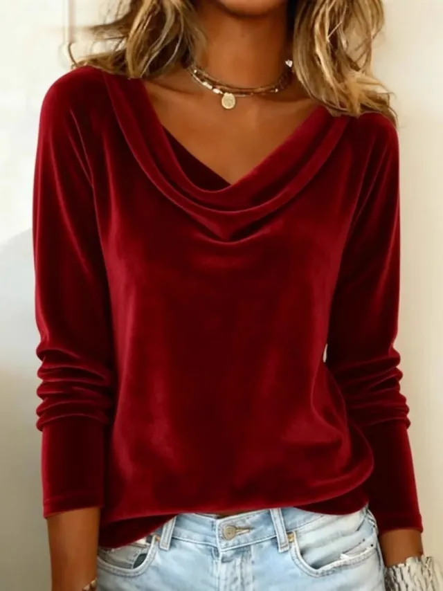 Fashion Women's Solid Color Draped Neck Long Sleeve Velvet T shirt Red - Shop at LoveMi