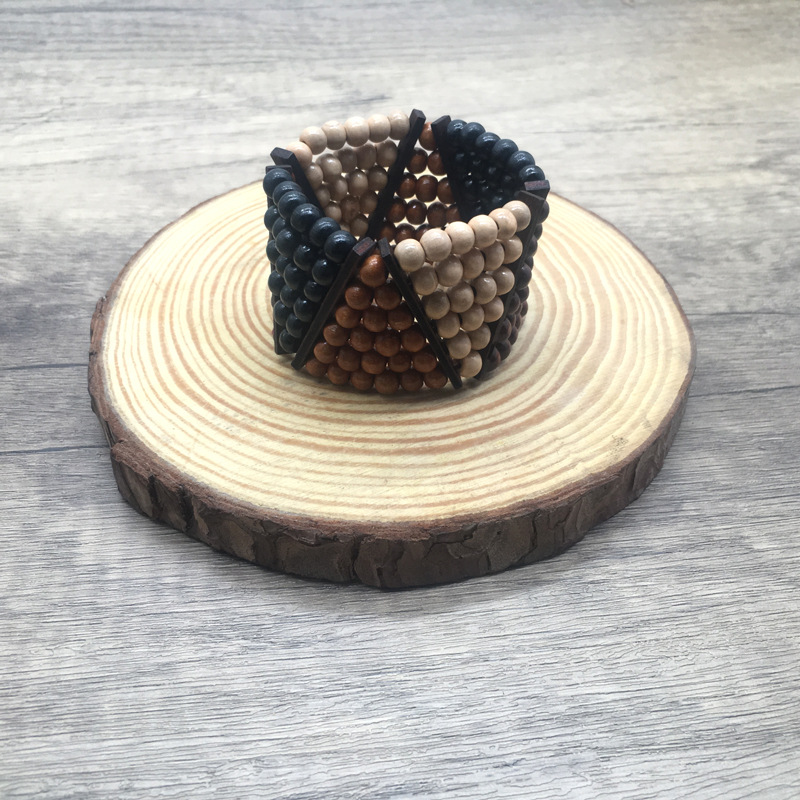 Watch Buckle Colored Wood Handmade Beaded Elastic Bracelet